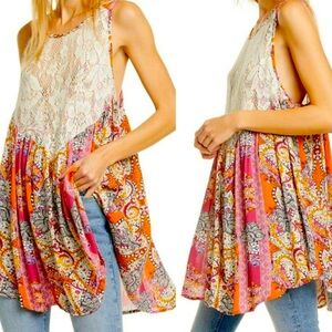 NEW free People floral lace combo dress tunic boho shirt bohemian small crochet